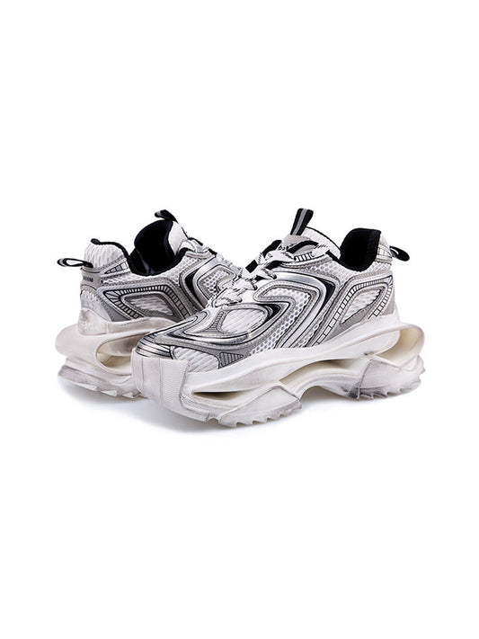 Distressed Silver Sculpted-Sole Dad Sneakers
