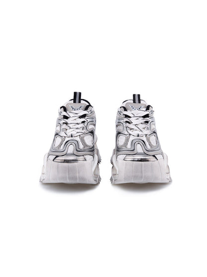 Distressed Silver Sculpted-Sole Dad Sneakers