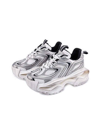 Distressed Silver Sculpted-Sole Dad Sneakers