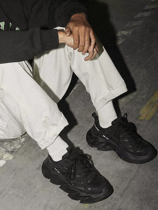 Black Zigzag-Sole Chunky Runner Sneakers