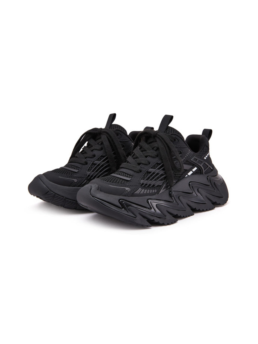 Black Zigzag-Sole Chunky Runner Sneakers
