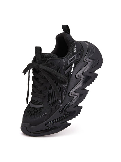 Black Zigzag-Sole Chunky Runner Sneakers