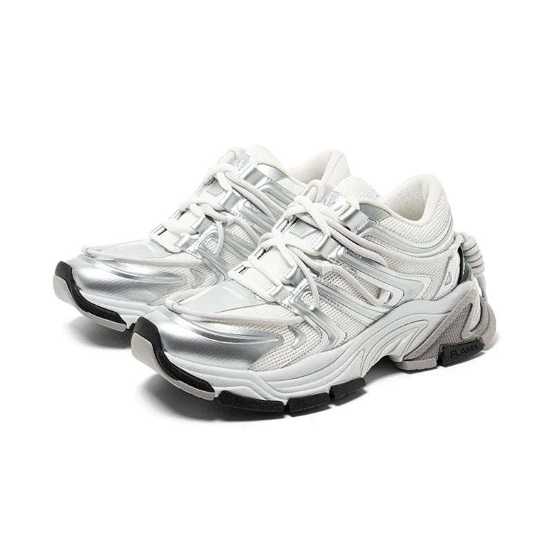 Silver Sculpted-Panel Chunky Runner Sneakers