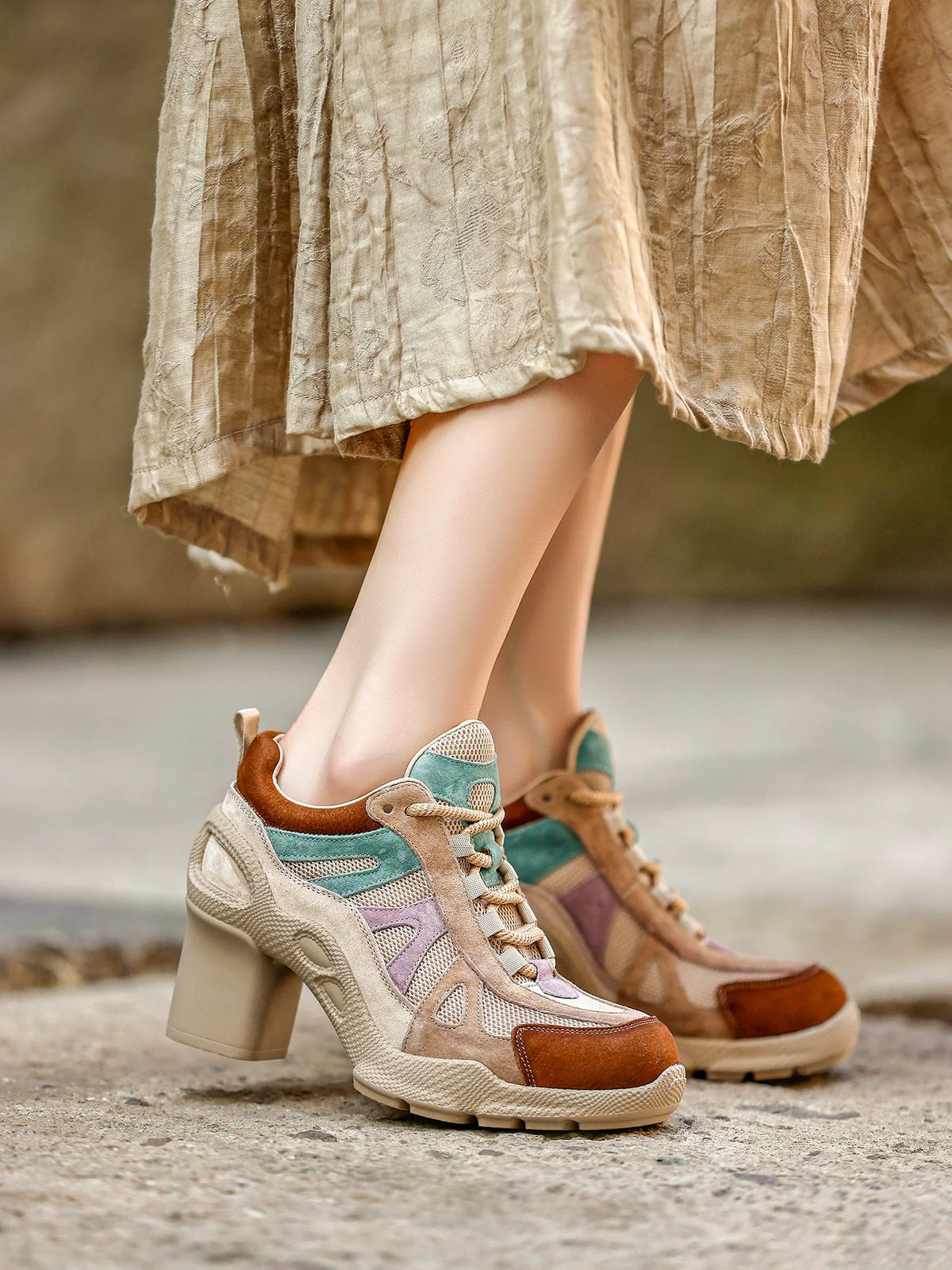 Retro Panel Chunky-Heel Sneakers