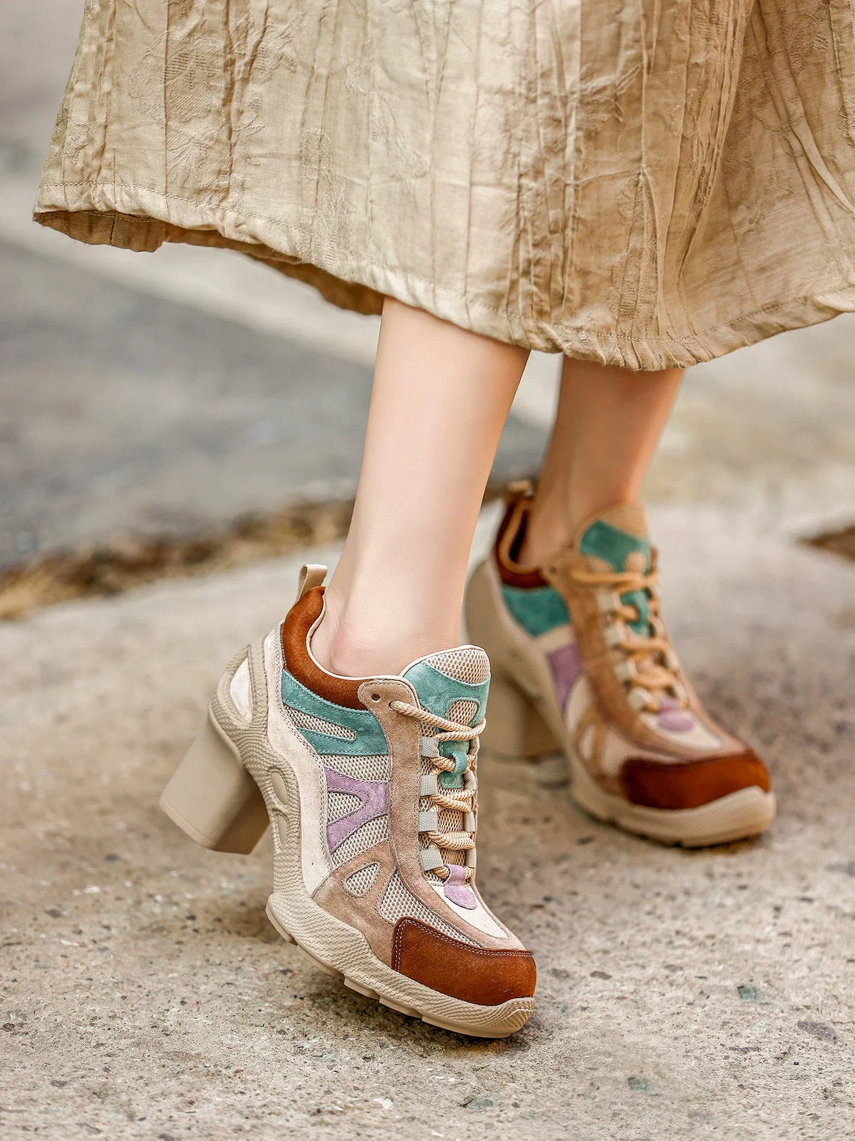 Retro Panel Chunky-Heel Sneakers