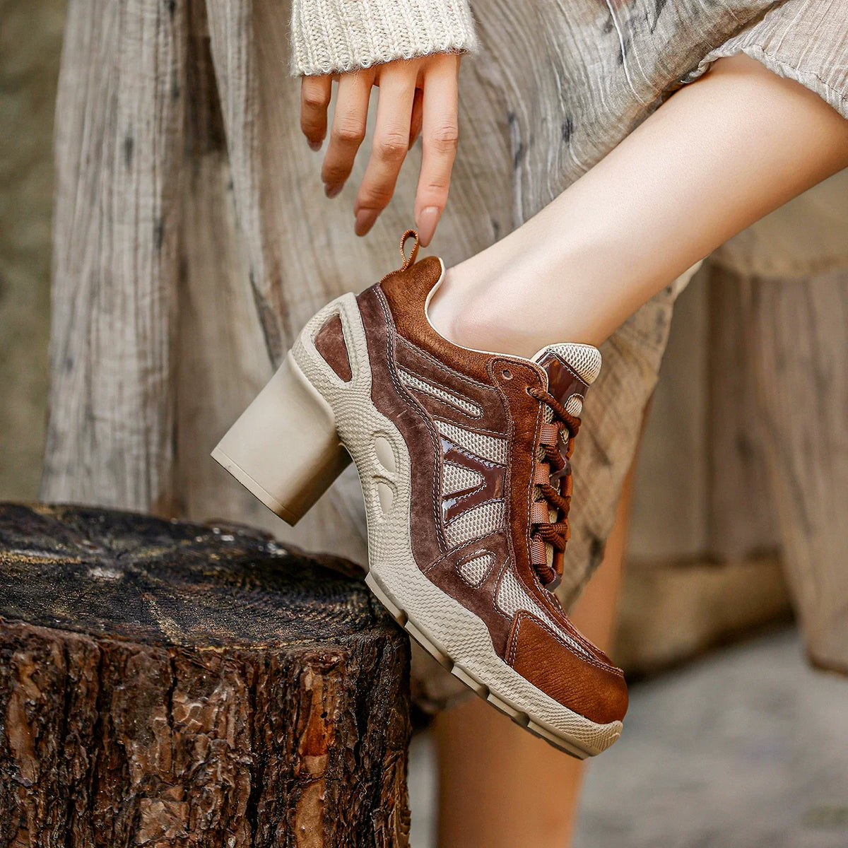 Retro Panel Chunky-Heel Sneakers