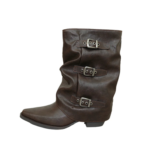 Triple-Buckle Slouch Mid-Calf Boots