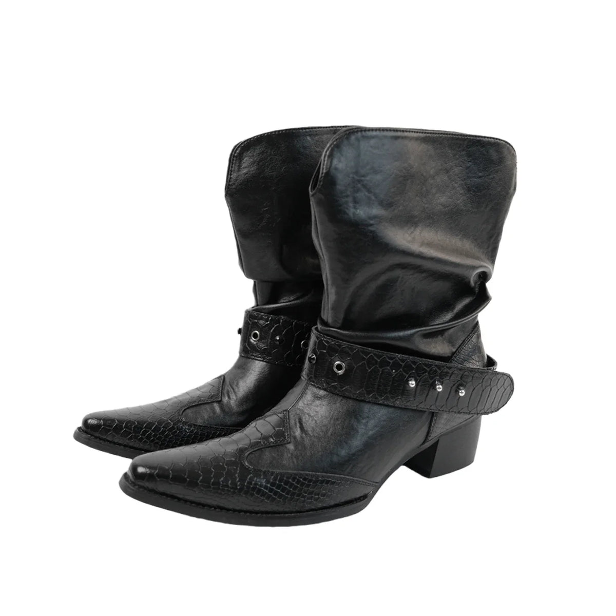 Croc-Panel Buckled Western Ankle Boots