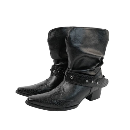 Croc-Panel Buckled Western Ankle Boots
