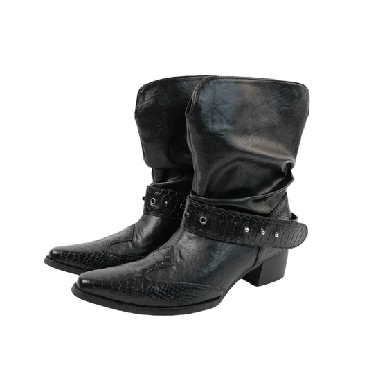 Croc-Panel Buckled Western Ankle Boots
