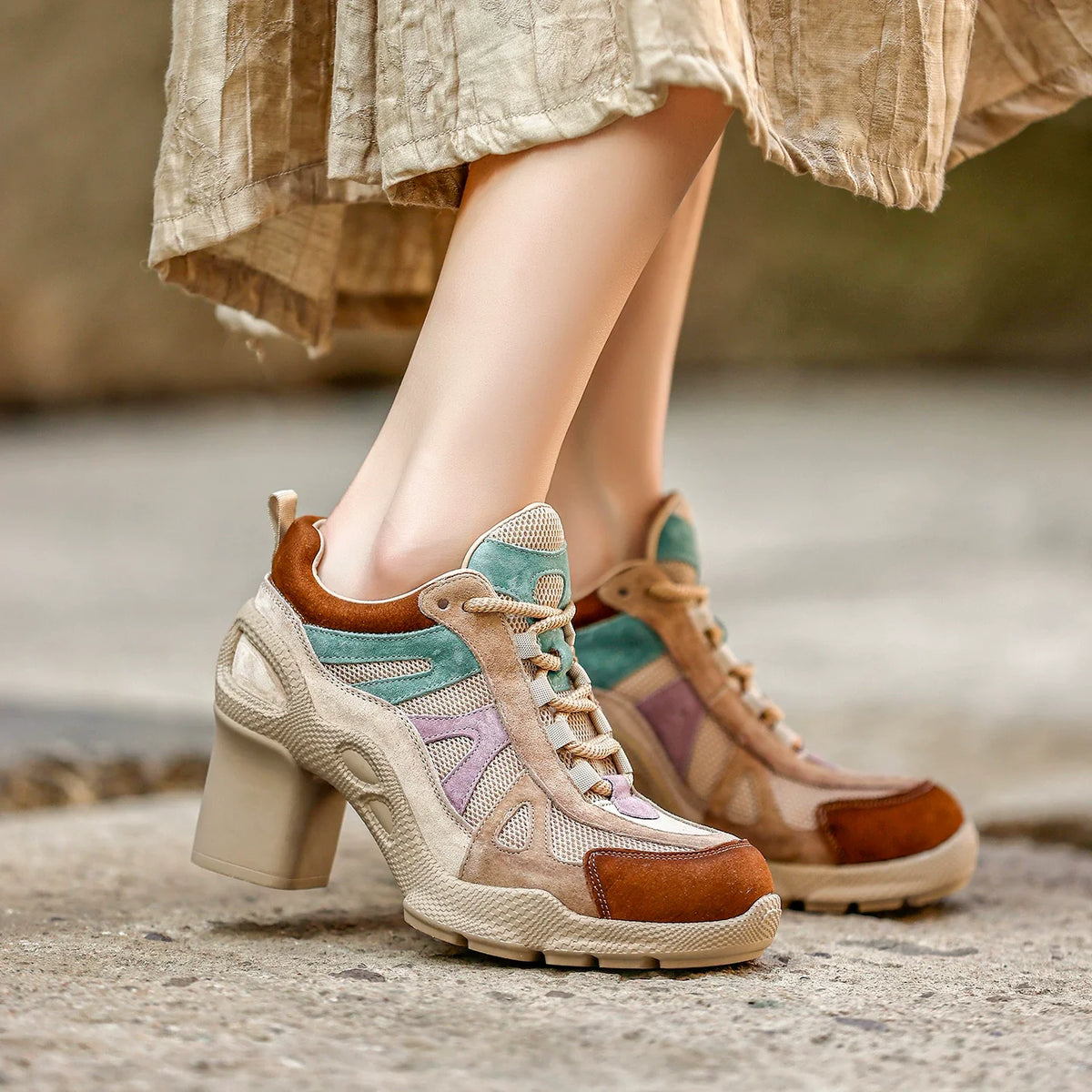 Retro Panel Chunky-Heel Sneakers