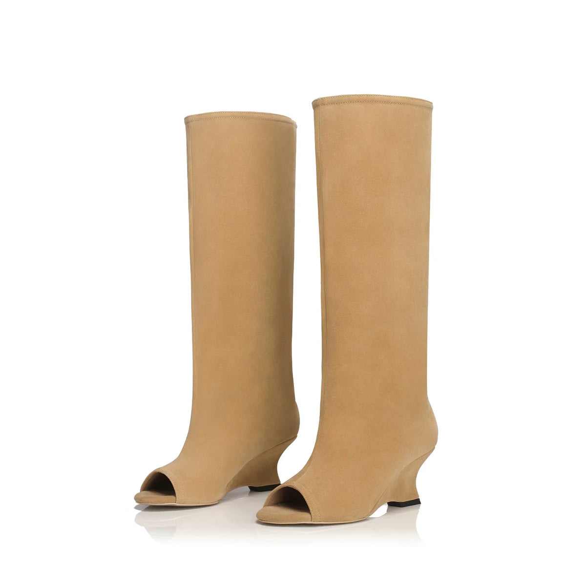 Peep-Toe Wide-Shaft Wedge Boots