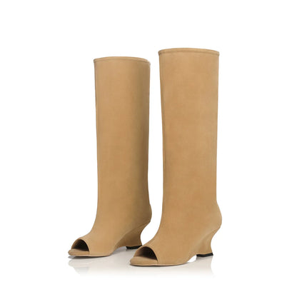 Peep-Toe Wide-Shaft Wedge Boots