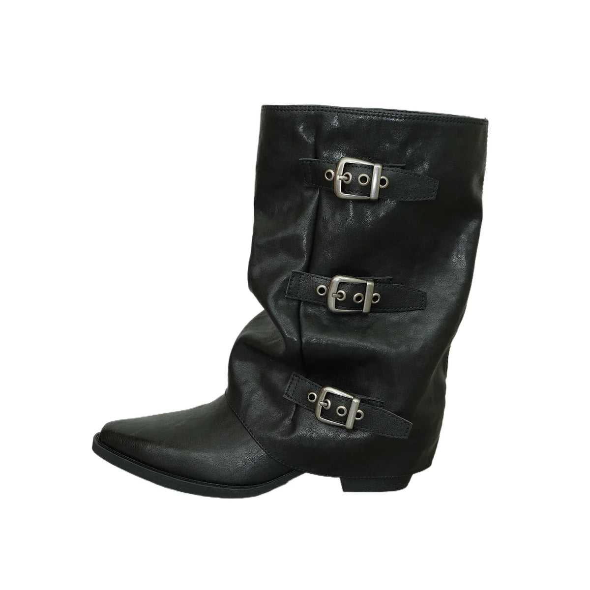 Triple-Buckle Slouch Mid-Calf Boots