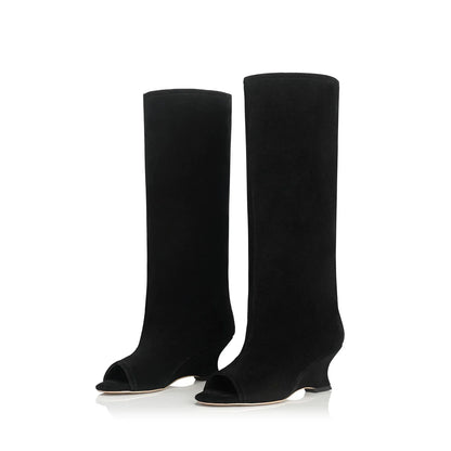 Peep-Toe Wide-Shaft Wedge Boots