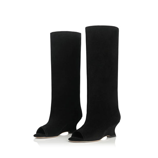 Peep-Toe Wide-Shaft Wedge Boots