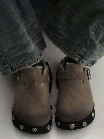 Frosted-Suede Thick-Sole Buckle Clogs