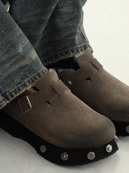 Frosted-Suede Thick-Sole Buckle Clogs