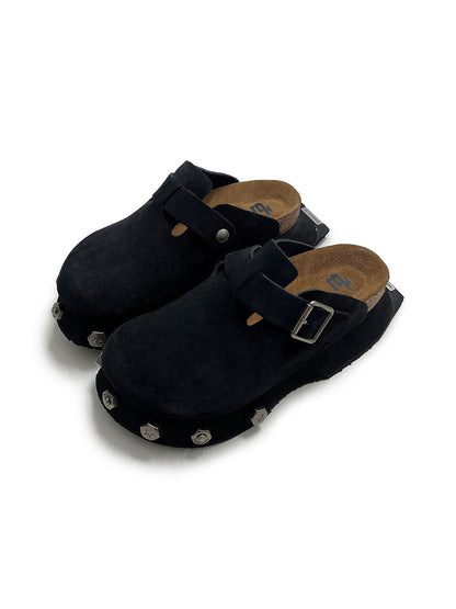 Frosted-Suede Thick-Sole Buckle Clogs