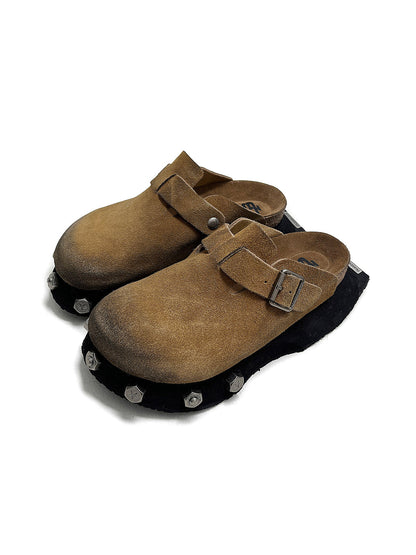 Frosted-Suede Thick-Sole Buckle Clogs