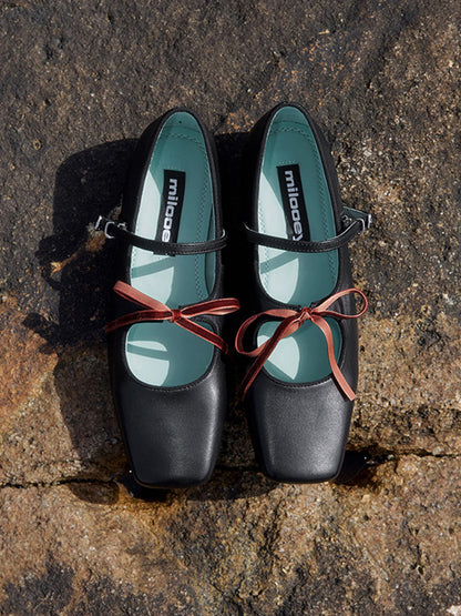 Metallic Double-Strap Square-Toe Ballet Flats