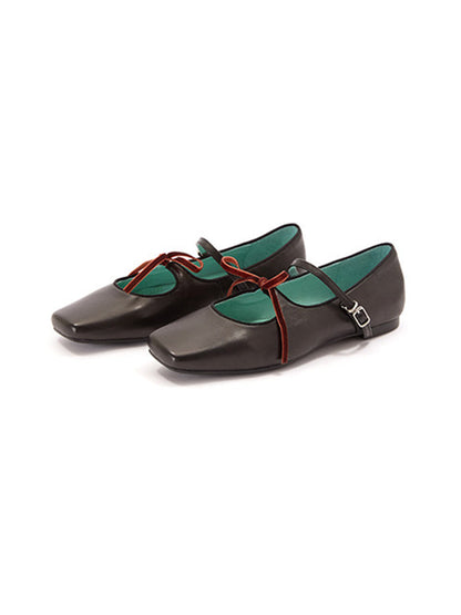 Metallic Double-Strap Square-Toe Ballet Flats