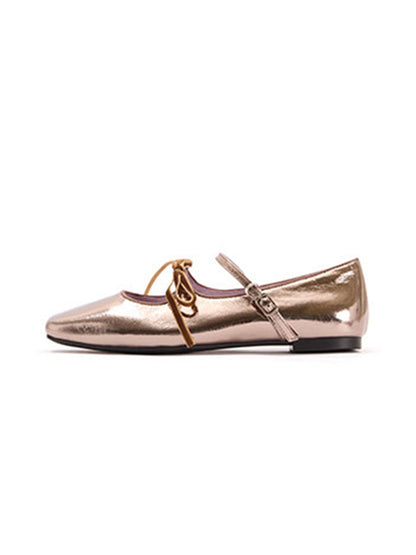 Metallic Double-Strap Square-Toe Ballet Flats