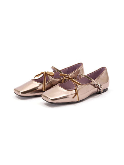 Metallic Double-Strap Square-Toe Ballet Flats