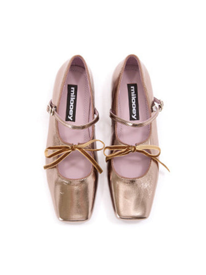 Metallic Double-Strap Square-Toe Ballet Flats