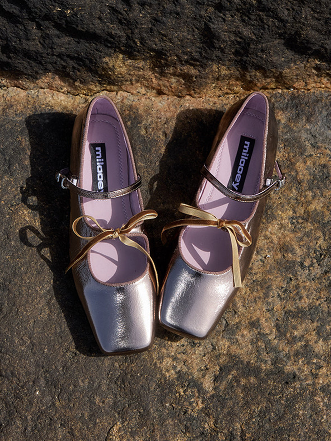 Metallic Double-Strap Square-Toe Ballet Flats