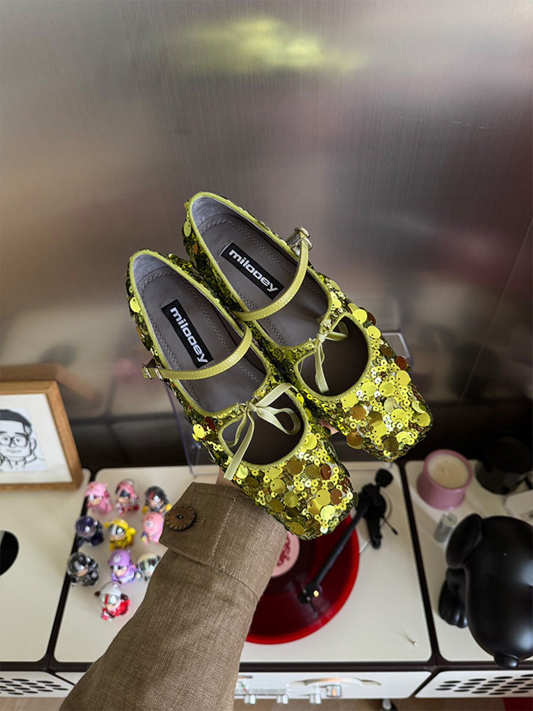 Metallic Double-Strap Square-Toe Ballet Flats