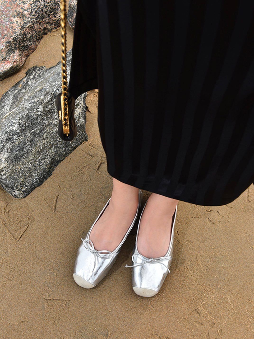 Square-Toe Metallic Bow Ballet Flats