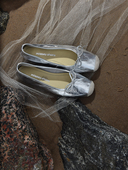Square-Toe Metallic Bow Ballet Flats