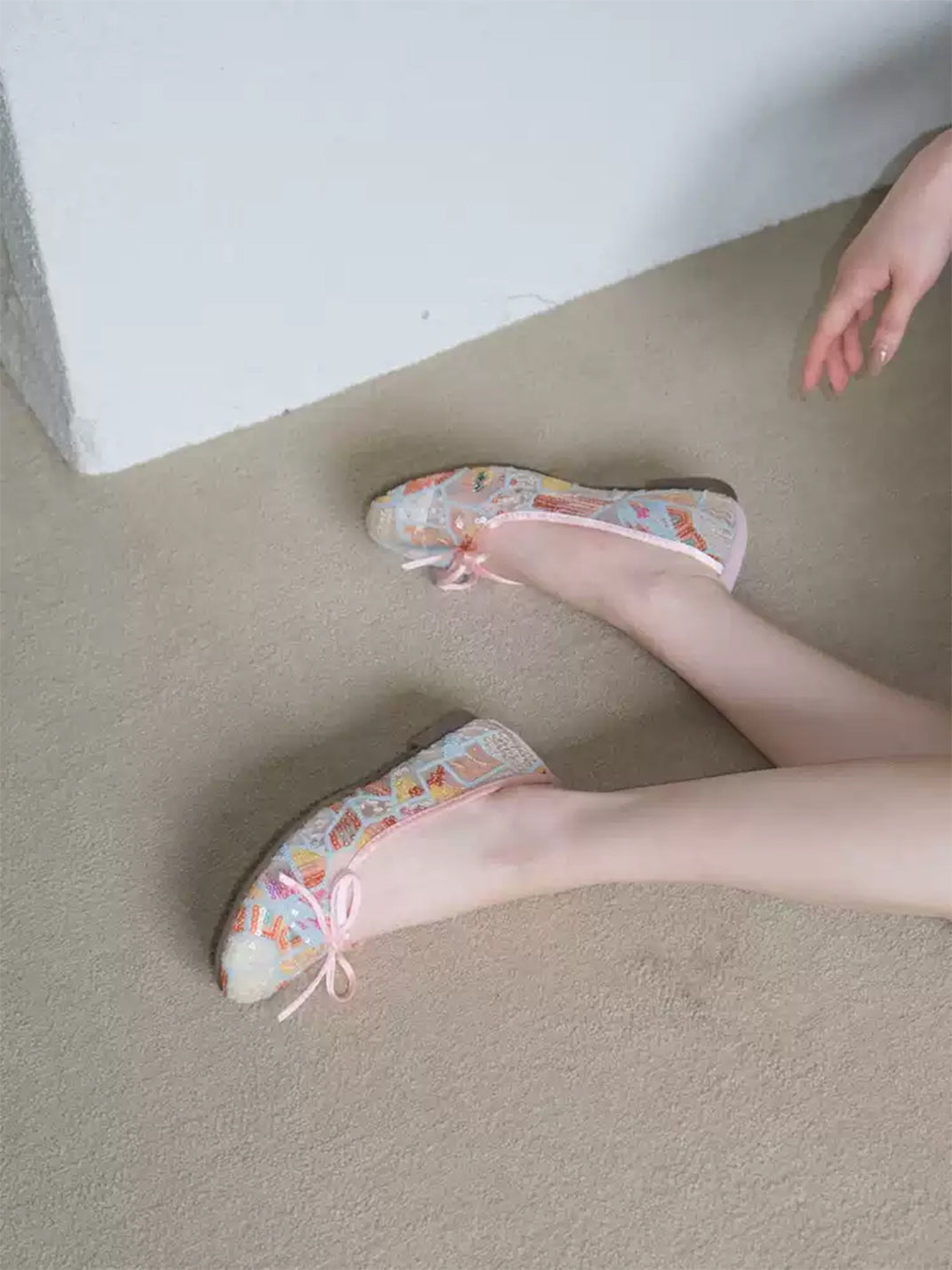 Floral-Mesh Bow Ballet Flats