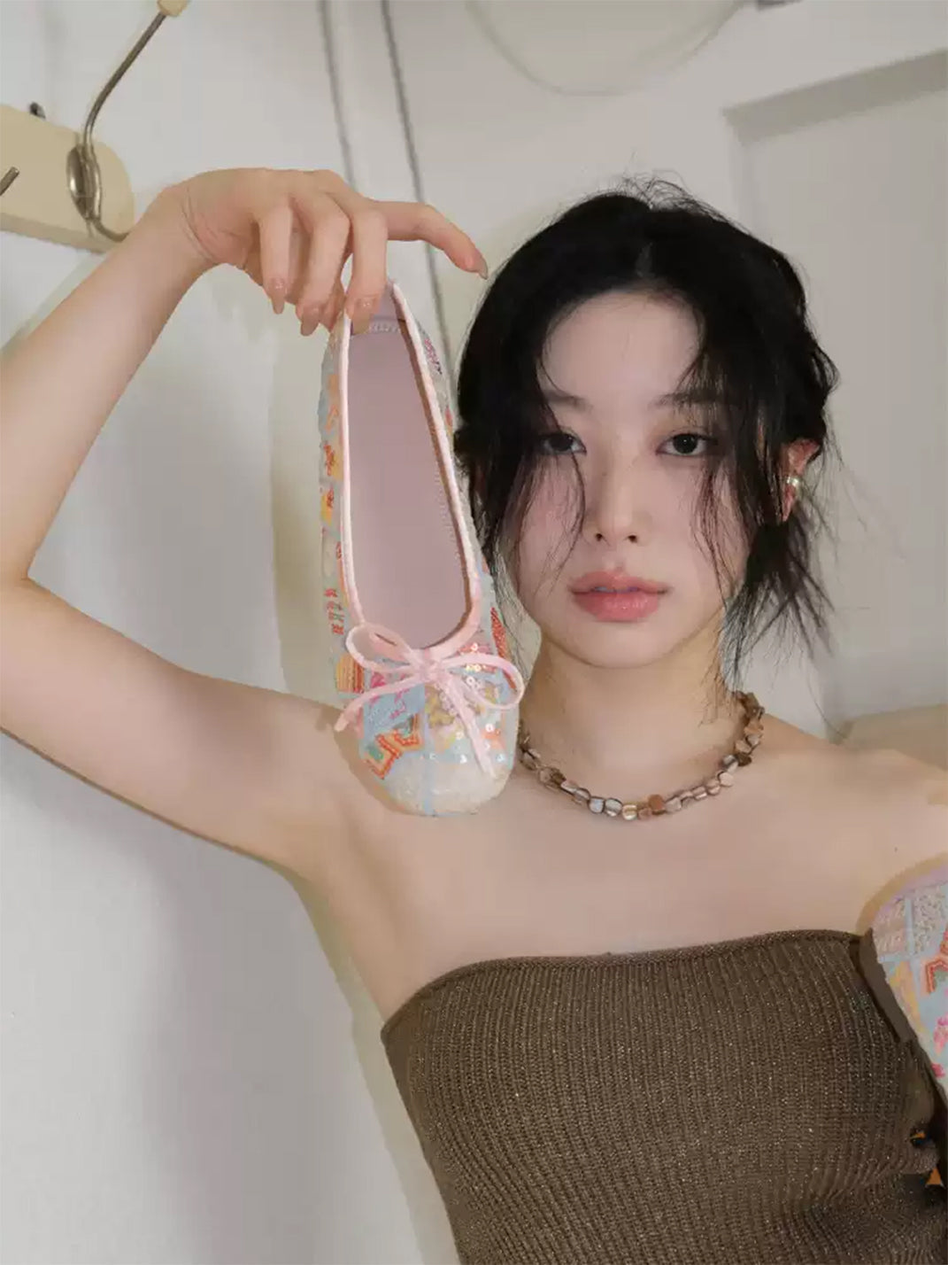 Floral-Mesh Bow Ballet Flats