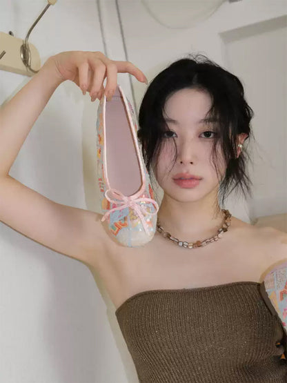 Floral-Mesh Bow Ballet Flats