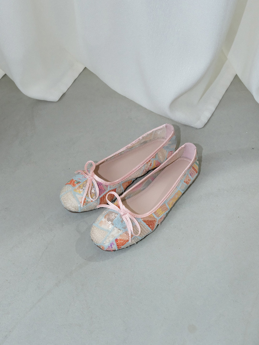 Floral-Mesh Bow Ballet Flats