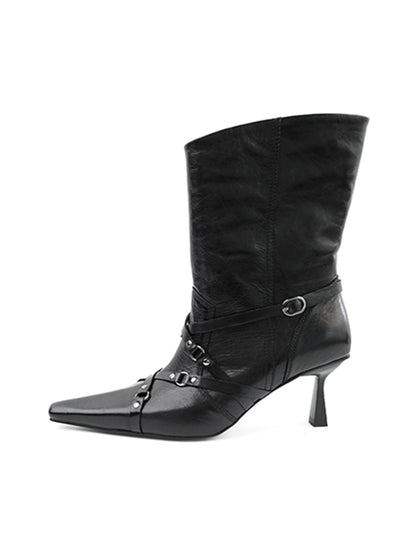 Ring-Buckle Pointed Leather Ankle Boots