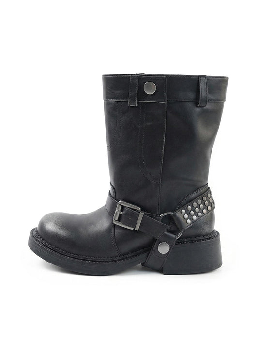 Triple-Buckle Leather Biker Ankle Boots