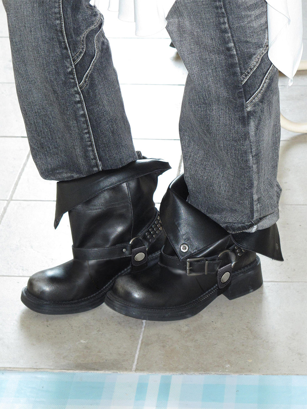 Triple-Buckle Leather Biker Ankle Boots