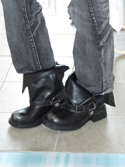 Triple-Buckle Leather Biker Ankle Boots