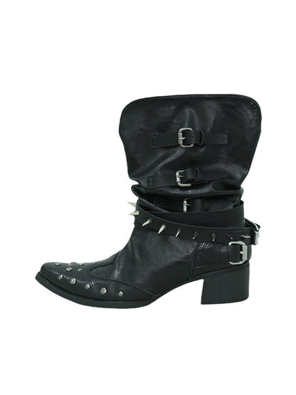 Rivet-Buckle Pointed-Toe Ankle Boots