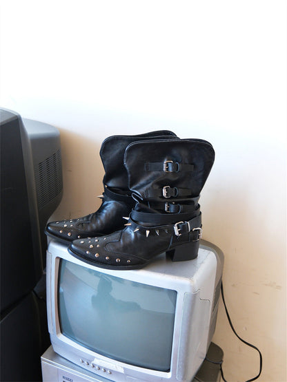 Rivet-Buckle Pointed-Toe Ankle Boots