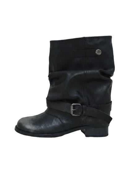 Ruched Buckle Mid-Calf Block-Heel Boots