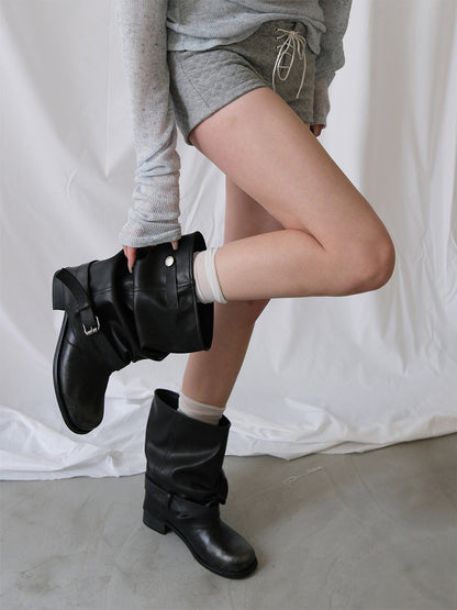 Ruched Buckle Mid-Calf Block-Heel Boots