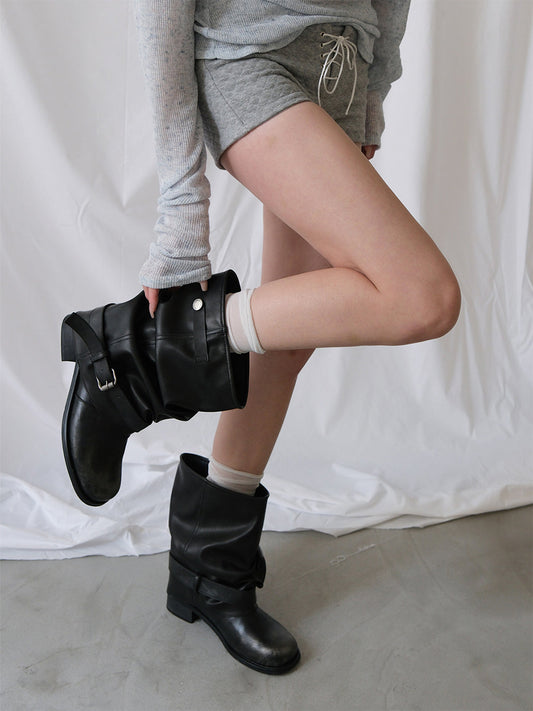 Ruched Buckle Mid-Calf Block-Heel Boots