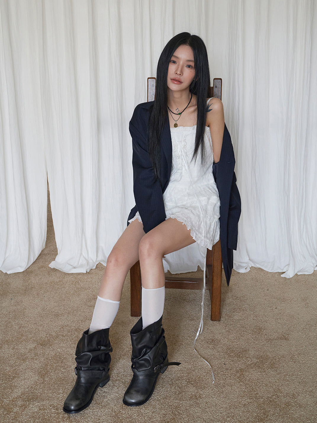 Ruched Buckle Mid-Calf Block-Heel Boots
