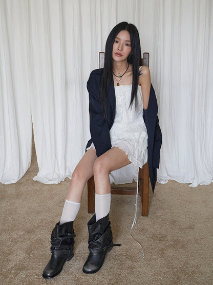 Ruched Buckle Mid-Calf Block-Heel Boots