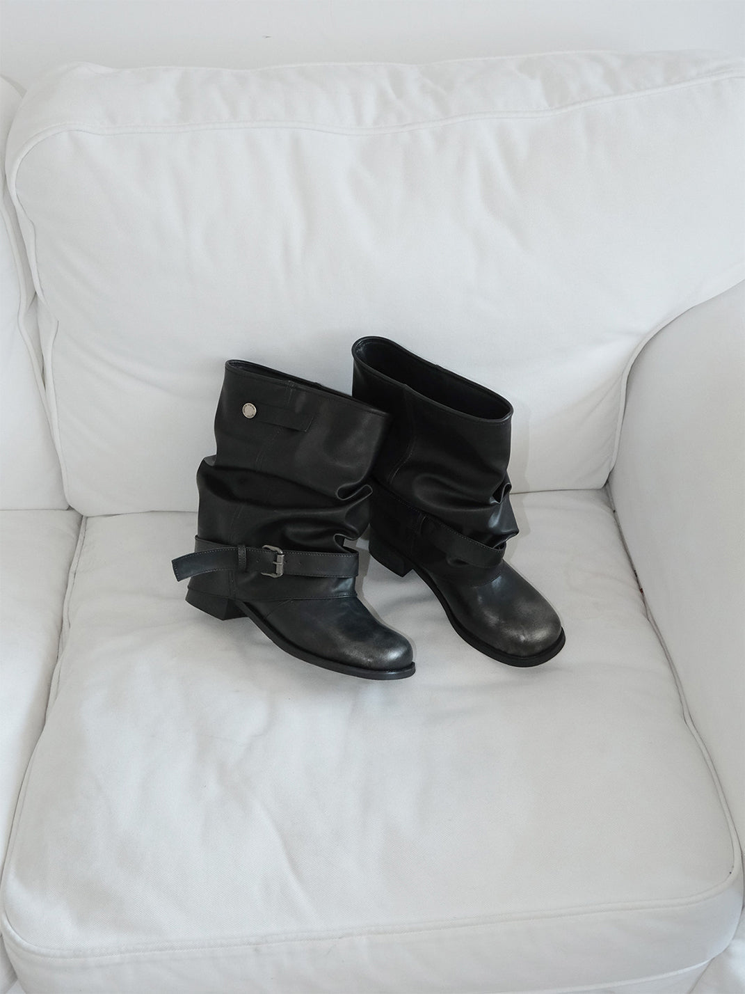 Ruched Buckle Mid-Calf Block-Heel Boots