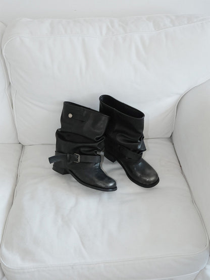 Ruched Buckle Mid-Calf Block-Heel Boots